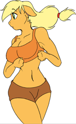 Size: 1312x2132 | Tagged: safe, artist:ayyysooo, applejack, anthro, applerack, belly button, breasts, cleavage, clothes, female, floppy ears, looking back, midriff, running, shorts, simple background, solo, sports bra