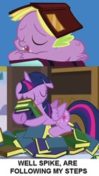 Size: 401x709 | Tagged: safe, derpibooru import, edit, edited screencap, screencap, spike, twilight sparkle, twilight sparkle (alicorn), alicorn, dragon, pony, amending fences, princess spike (episode), book, cropped, eyes closed, female, grammar error, male, mama twilight, mare, meme, princess sleeping on books, sleeping