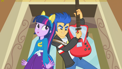 Size: 1920x1080 | Tagged: safe, screencap, flash sentry, twilight sparkle, equestria girls, equestria girls (movie), female, flashlight, fps, guitar, male, shipping, straight, wondercolts, wondercolts uniform