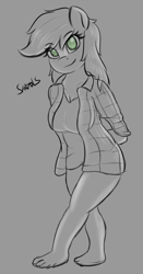 Size: 987x1885 | Tagged: safe, artist:sanzols, applejack, anthro, plantigrade anthro, barefoot, clothes, feet, looking at you, monochrome, shirt, smiling, solo