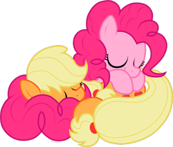 Size: 1250x1062 | Tagged: safe, artist:storfulsten, applejack, pinkie pie, earth pony, pony, cute, diapinkes, jackabetes, pony pillow, prone, simple background, sleeping, transparent background