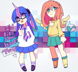 Size: 500x466 | Tagged: safe, artist:mori, derpibooru import, fluttershy, twilight sparkle, human, clothes, glasses, horned humanization, humanized, pixiv, skirt, sweatershy, winged humanization