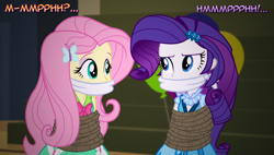 Size: 1286x728 | Tagged: safe, artist:snakeythingy, fluttershy, rarity, equestria girls, friendship games, bondage, bound and gagged, cloth gag, damsel in distress, dialogue, gag, looking at each other, manip, peril, photomanipulation, rope, rope bondage, story included, tied up