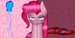 Size: 1200x618 | Tagged: safe, artist:ponywithautname, pinkie pie, earth pony, pony, balloon, depressed, female, lidded eyes, mare, pinkamena diane pie, popped balloon, sad, solo, split screen