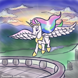 Size: 1280x1280 | Tagged: safe, artist:furncoart, princess celestia, alicorn, pony, balcony, female, flying, halo, jewelry, landing, mare, regalia, scenery, solo, spread wings, sun, sunrise, windswept mane, wings