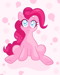 Size: 2000x2500 | Tagged: safe, artist:starstruckmana, pinkie pie, earth pony, pony, abstract background, colored pupils, female, frown, looking at you, mare, signature, sitting, solo