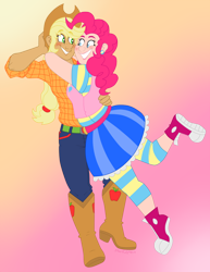 Size: 1000x1296 | Tagged: safe, artist:storfulsten, applejack, pinkie pie, human, blushing, boots, clothes, converse, cowboy hat, gradient background, hat, hug, humanized, implied lesbian, implied shipping, leggings, pants, shirt, shoes, skirt, stetson