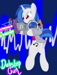 Size: 2550x3300 | Tagged: safe, artist:zacproductions, dj pon-3, vinyl scratch, anthro, bass cannon, bipedal, drop the bass, dubstep, dubstep gun, high res, laser, running, saints row, solo, wub, wubz