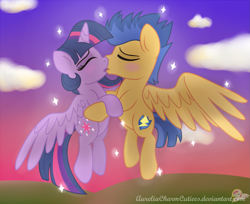 Size: 1321x1080 | Tagged: safe, artist:raspberrystudios, flash sentry, twilight sparkle, twilight sparkle (alicorn), alicorn, pegasus, pony, blushing, couple, eyes closed, female, flashlight, flying, hug, kissing, male, mare, shipping, stallion, straight