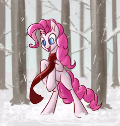 Size: 2680x2816 | Tagged: safe, artist:akweer, pinkie pie, earth pony, pony, clothes, female, forest, happy, mare, open mouth, rearing, scarf, smiling, snow, snowfall, solo, tree, winter