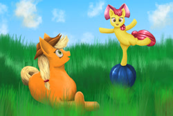 Size: 4500x3000 | Tagged: safe, artist:hawkheart11, apple bloom, applejack, earth pony, pony, absurd resolution, balancing, ball, grass, prone