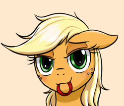 Size: 350x300 | Tagged: safe, artist:mingy.h, applejack, earth pony, pony, bedroom eyes, blushing, bust, cute, floppy ears, freckles, hair tie, jackabetes, lidded eyes, looking at you, loose hair, messy mane, mouth hold, pixiv, portrait, simple background, solo