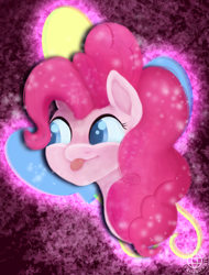 Size: 1600x2108 | Tagged: safe, artist:grayworldcorporation, pinkie pie, earth pony, pony, blurry, bust, cutie mark, face, female, mare, portrait, solo, tongue out