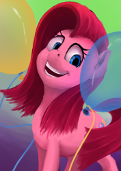 Size: 1024x1448 | Tagged: safe, artist:xormak, pinkie pie, earth pony, pony, balloon, creepy, creepy smile, female, mare, open mouth, pinkamena diane pie, smiling, solo