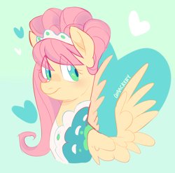 Size: 1744x1725 | Tagged: safe, artist:waackery, fluttershy, pegasus, pony, green isn't your color, alternate hairstyle, bust, clothes, female, looking sideways, mare, modelshy, portrait, solo, spread wings, three quarter view, wings