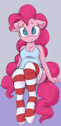 Size: 1080x2220 | Tagged: safe, artist:deeriojim, artist:dimfann, pinkie pie, anthro, unguligrade anthro, clothes, colored, female, floppy ears, looking at you, plump, simple background, sitting, smiling, socks, solo, striped socks, tanktop