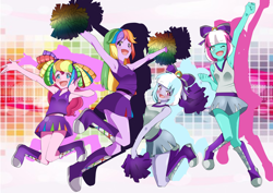 Size: 4238x3000 | Tagged: artist needed, source needed, safe, derpibooru import, lilac sky, pinkie pie, spring step, sunlight spring, twilight sparkle, equestria girls, absurd resolution, anime, armpits, boots, cheerleader, cheerleader pinkie, cheerleader sparkle, clothes, equestria girls-ified, midriff, miniskirt, pom pom, skirt, top