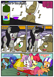 Size: 1229x1742 | Tagged: safe, artist:otakon, apple bloom, beauty brass, frederic horseshoepin, octavia melody, parish nandermane, scootaloo, sweetie belle, earth pony, pony, comic:octavia, comedy, comic, cutie mark crusaders, female, fredtavia, humor, male, shipping, stealing, straight