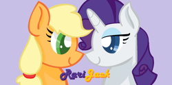 Size: 1406x696 | Tagged: safe, artist:redrose26, applejack, rarity, earth pony, pony, unicorn, bedroom eyes, bust, colored pupils, eye contact, female, lesbian, looking at each other, purple background, rarijack, shipping, simple background, smiling