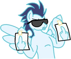 Size: 488x404 | Tagged: safe, artist:rusticpony, soarin', middle finger, simple background, solo, vector, vulgar, white background