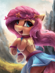 Size: 2250x3000 | Tagged: safe, artist:vanillaghosties, fluttershy, pegasus, pony, bracelet, clothes, cloud, cute, female, floral head wreath, flower, flower in hair, grass, jewelry, looking at you, looking back, looking back at you, mare, mountain, open mouth, shyabetes, skirt, skirt lift, sky, smiling, solo, underhoof, wings