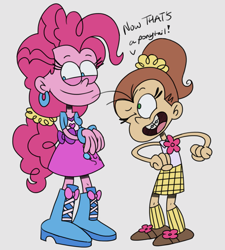 Size: 1645x1830 | Tagged: safe, artist:itoruna-the-platypus, pinkie pie, equestria girls, alternate hairstyle, crossover, luan loud, nickelodeon, ponytail, pun, style emulation, the loud house