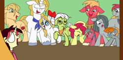 Size: 1480x720 | Tagged: safe, artist:zee-stitch, applejack, big macintosh, granny smith, marble pie, prince blueblood, oc, oc:apple core, oc:apple shine, oc:arkansas black, oc:dixie whistle, oc:erligold apple, oc:zari apple, earth pony, pony, bluejack, family, floppy ears, male, marblemac, offspring, parent:apple bloom, parent:applejack, parent:big macintosh, parent:flim, parent:marble pie, parent:prince blueblood, parents:bluejack, parents:marblemac, shipping, smiling, stallion, straight