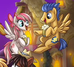 Size: 960x869 | Tagged: safe, artist:sciggles, angel wings, flash sentry, pony, best friends, cider, cropped