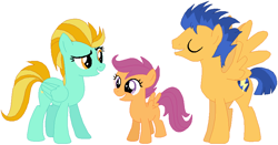 Size: 860x450 | Tagged: safe, artist:featherfury, flash sentry, lightning dust, scootaloo, pegasus, pony, alternate universe, brother and sister, female, filly, male, mare, siblings, sisters, smiling, spread wings, stallion, story in the description, story included, trio, white background