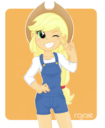 Size: 862x1052 | Tagged: safe, artist:rajaie, applejack, equestria girls, clothes, cowboy hat, dungarees, grin, hat, one eye closed, smiling, solo, stetson, wink