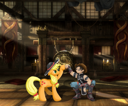 Size: 980x815 | Tagged: safe, artist:torifeather, applejack, earth pony, pony, accessory swap, crossover, fist bump, hat, hat swap, kung lao, mortal kombat