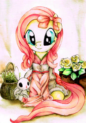 Size: 2394x3437 | Tagged: safe, artist:mashiromiku, angel bunny, fluttershy, pegasus, pony, alternate hairstyle, bow, clothes, cute, duo, female, flower, hair bow, kimono (clothing), looking at you, mare, rose, shyabetes, sitting, smiling, traditional art, watercolor painting