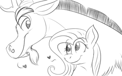 Size: 1920x1200 | Tagged: safe, artist:merciresolution, discord, fluttershy, draconequus, pegasus, pony, bust, discoshy, female, heart, looking at each other, male, mare, monochrome, portrait, shipping, sketch, smiling, straight