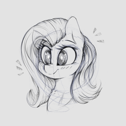 Size: 1660x1660 | Tagged: safe, artist:dapurpleheart, fluttershy, pegasus, pony, bust, female, gray background, grayscale, mare, monochrome, portrait, simple background, sketch, smiling, solo