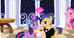 Size: 1006x512 | Tagged: safe, artist:mooberrie101, flash sentry, pinkie pie, twilight sparkle, alicorn, earth pony, pegasus, pony, couple, female, flashlight, love, male, prom, shipping, straight