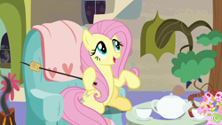 Size: 1280x720 | Tagged: safe, screencap, fluttershy, pegasus, pony, discordant harmony, butterfly net, candy, cup, cute, female, food, mare, shyabetes, sitting, smoke, solo, teacup, teapot