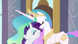 Size: 1920x1080 | Tagged: safe, screencap, princess celestia, rarity, alicorn, pony, unicorn, sweet and elite, duo, female, mare