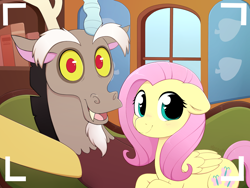 Size: 4000x3000 | Tagged: safe, artist:moozua, discord, fluttershy, pegasus, pony, camera shot, cute, discute, duo, female, floppy ears, folded wings, friendship, heart eyes, looking at you, male, selfie, shyabetes, smiling, wingding eyes