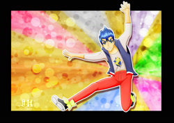 Size: 1600x1131 | Tagged: safe, artist:jotakaanimation, flash sentry, equestria girls, abstract background, clothes, jumping, male, model, outfit, pose, solo