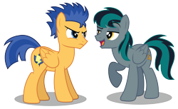 Size: 4562x2789 | Tagged: safe, artist:aleximusprime, flash sentry, oc, oc:blackgryph0n, oc:gryph, pegasus, pony, fanfic:twilight should be dating my oc, backwards cutie mark, blackgryph0n, competition, cutie mark, male, ponysona, simple background, stallion, teasing, transparent background, wings