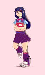 Size: 942x1565 | Tagged: safe, artist:alisunki, artist:wilkowsky, derpibooru import, twilight sparkle, human, bowtie, clothes, equestria girls outfit, humanized, leg warmers, miniskirt, pink background, school uniform, schoolgirl, simple background, skirt, sneakers, socks, solo, sweater vest, vest