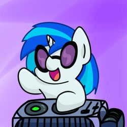 Size: 500x500 | Tagged: safe, artist:as177sd, dj pon-3, vinyl scratch, pony, unicorn, abstract background, chibi, cute, open mouth, pixiv, smiling, solo, turntable