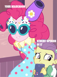 Size: 766x1024 | Tagged: safe, edit, edited screencap, screencap, lily pad (equestria girls), pinkie pie, better together, equestria girls, pinkie sitting, clown, headcanon, image macro, meme, party cannon, pun, visual pun, young