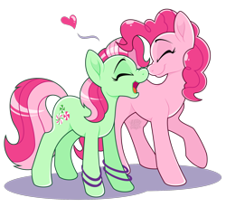 Size: 1982x1813 | Tagged: safe, artist:zerogravitybadger, minty, pinkie pie, earth pony, pony, g3, boop, duo, eyes closed, female, g3 to g4, generation leap, heart, lesbian, mare, mintypie, noseboop, open mouth, shipping, simple background, smiling, transparent background