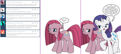 Size: 1808x800 | Tagged: safe, artist:dekomaru, pinkie pie, rarity, earth pony, pony, unicorn, ask, female, mare, pinkamena diane pie, sad, simple background, tumblr, tumblr:ask twixie, white background