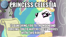 Size: 800x450 | Tagged: safe, edit, edited screencap, screencap, princess celestia, alicorn, pony, the crystal empire, bronybait, caption, image macro, meme, mystery science theater 3000, text, watermark