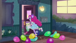 Size: 1920x1080 | Tagged: safe, screencap, lily pad (equestria girls), pinkie pie, better together, equestria girls, pinkie sitting, balloon, clothes, converse, out of context, shoes, skirt, young