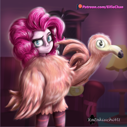 Size: 3000x3000 | Tagged: safe, artist:katakiuchi4u, pinkie pie, flamingo, better together, equestria girls, pinkie sitting, bags under eyes, chair, clothes, costume, lamp, looking at you, patreon, patreon logo, solo