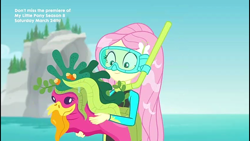 Size: 854x480 | Tagged: safe, screencap, fluttershy, better together, equestria girls, unsolved selfie mysteries, clothes, goggles, hairpin, rock horse, scuba mask, seaweed, snorkel, swimsuit, text, wet, wet hair