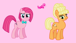 Size: 1848x1040 | Tagged: safe, artist:pame343, applejack, pinkie pie, earth pony, pony, applejewel, pinkamena diane pie, simple background